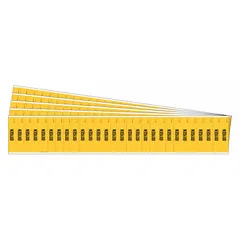Yellow adhesive pipe markers with black legend reading 'Oxygen', designed for pipes with outer diameter of 3/4 inch or smaller. Each pack contains 5 rolls of 28 markers, without arrows. Used to identify oxygen lines in piping systems for safety and compliance.