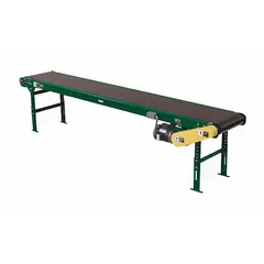 This general purpose slider bed belt conveyor has an 18-inch wide PVC belt and a max load capacity of 435 lb. It operates at a fixed speed of 60 fpm with adjustable speed control, powered by 110V AC. Suitable for horizontal transport of light to medium weight items in packaging, assembly, and material handling lines.