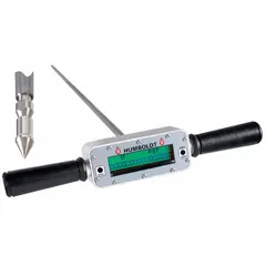 Digital soil penetrometer for measuring penetration resistance in soil. Includes a 60° cone with 1.5 cm² area, 30-inch plunger length, and 1/2-inch plunger width. Used in geotechnical applications to evaluate soil compaction and bearing capacity.