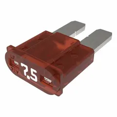 Fast-acting blade fuse rated at 7.5 A and 32 V DC. Features an indicating function that shows when the fuse has blown. Suitable for overcurrent protection in automotive electrical systems, including cars, trucks, and marine applications.