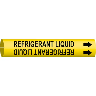 BRADY Pipe Marker: Refrigerant Liquid, Yellow, Black, Fits 1 1/2 to 2 3/8 in Pipe O.D. - Refrigerant Liquid Snap-On Pipe Markers