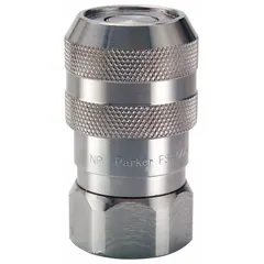 This quick-connect coupling body from the FET Series allows tool-free connection and disconnection of fluid lines. Constructed from 316 stainless steel with a fluorocarbon seal, it features 3/4"-14 FNPT threads. Suitable for hydraulic systems and fluid transfer applications requiring corrosion resistance.