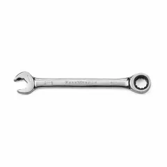 This SAE double-end ratcheting box end wrench features a 12-point design for use on hex fasteners. The chrome finish provides corrosion resistance. With a 9/16 in head size and 7-5/8 in overall length, it is suited for tightening or loosening fasteners in confined spaces where tool repositioning is limited.