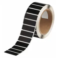 Polyester, black gloss label roll with 250 precut labels per roll. Each label measures 19/32 in x 1 49/64 in. Compatible with THT printer series. Used for industrial identification and labeling, such as raised panel marking in electrical panels and control cabinets