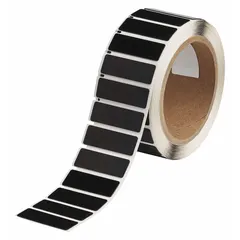 Polyester, black gloss label roll with 250 precut labels per roll. Each label measures 19/32 in x 1 49/64 in. Compatible with THT printer series. Used for industrial identification and labeling, such as raised panel marking in electrical panels and control cabinets.