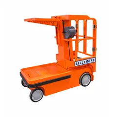 Battery-powered drivable stock picker with a 10 ft elevated platform height and a 116 in x 116 in footprint. Includes a battery charger. Designed for order picking and accessing high shelving in warehouses and distribution centers.