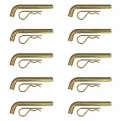 Cotter-type pin for securing trailer hitches. Made of carbon steel with a zinc-plated finish. Pin diameter is 5/8 in. Includes cotter pins. Sold in a pack of 10.