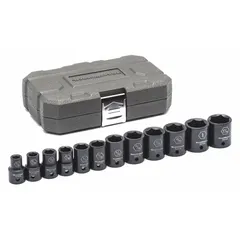 This SAE impact socket set includes sizes from 3/8 in to 1 1/16 in with a 3/8 in drive. The manganese phosphate finish provides corrosion resistance. A friction ball retainer ensures secure socket retention during use. Suitable for heavy-duty fastening tasks in automotive repair and industrial maintenance.
