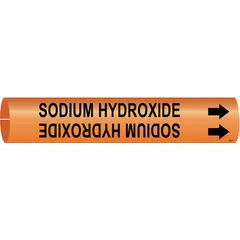 Orange snap-on pipe marker with black legend reading 'Sodium Hydroxide' and directional arrows. Fits pipe outer diameters from 1-1/2 to 2-3/8 inches. Used to identify pipes carrying sodium hydroxide in industrial piping systems.