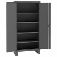 Welded steel cabinet with powder-coated gray finish, stationary legs, and four adjustable shelves. Features a swing handle and padlock hasp for secure storage. Panel thickness is 14 ga. Suitable for organizing tools, parts, and equipment in warehouses, workshops, and manufacturing facilities.