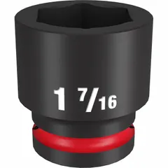 This 3/4" drive impact socket is designed for use with impact wrenches in heavy-duty fastening applications. It features a 1-7/16 in SAE hex size with a 6-point configuration, suitable for tightening or loosening bolts and nuts in automotive, construction, and industrial settings.