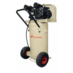 Oil-lubricated wheeled portable electric air compressor with a 20-gallon vertical tank. Powered by a 2 hp motor delivering 5.2 cfm at 90 psi. Operates on 115V AC at 15 A with a 6 ft power cord. Suitable for powering pneumatic tools, inflating tires, and other light-duty tasks on job sites or in workshops.