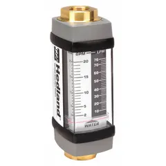 This HEDLAND flowmeter is an inline variable area meter with a scale display for measuring water flow in gallons. It features Viton seals and O-rings, offers +/-2% accuracy, and supports universal mounting orientation. Suitable for industrial fluid monitoring and process control applications.