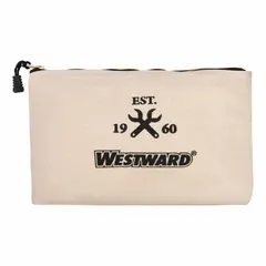 White canvas tool bag with a flat zippered design and one inside pocket. Measures 12 inches wide by 1/4 inch deep by 7 3/8 inches high. Suitable for organizing and carrying small hand tools, fasteners, or accessories in maintenance and light-duty tasks.