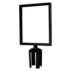 Black metal alloy sign frame designed for mounting on top of a Tensabarrier Retractable Stanchion Post. Includes two acrylic sheets for inserting printed signage. Overall width is 8 1/2 inches. Used for displaying signs in queue management, crowd control, and wayfinding applications.