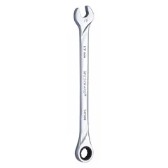 This metric 12-point ratcheting combination wrench features a 17 mm head size and a chrome finish. It is constructed from alloy steel and has an overall length of 10 3/4 inches. Suitable for tightening or loosening fasteners in general maintenance and assembly tasks.