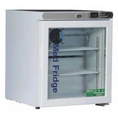 This tabletop lab refrigerator provides a 1 cu ft storage capacity with a temperature range of 2°C to 7°C, suitable for storing temperature-sensitive materials. It features a white exterior, a swing glass door with right opening, and a temperature alarm. The unit uses R-600a refrigerant and has an overall depth of 19 1/4 inches.