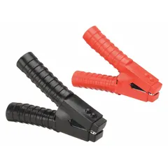 This 24V booster clamp features steel contacts with a parrot-style jaw for secure connection to battery terminals. Rated for 800 A maximum current and 1 AWG wire gauge, the rubber insulation provides protection against shorts. Sold as a 2-pack, it is used for jump-starting vehicles and heavy equipment.