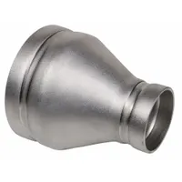 This grooved concentric reducer transitions pipe diameter from 3 inches to 2-1/2 inches. Made of 304 stainless steel, it is 5 inches long. Used in industrial piping systems to reduce flow diameter in water, chemical, and HVAC lines