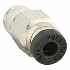 This nickel-plated brass tube fitting features a push-to-connect connection on one end and a male NPTF thread on the other. It is designed for connecting 1/8 in OD tubing to a 1/16 in pipe port in pneumatic or fluid systems. The silver finish provides corrosion resistance.