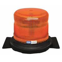 Amber LED vehicle flashing beacon with round shape, 4 7/8 in overall height. Operates on 12-24V DC and offers 11 selectable flash patterns. Includes high bond tape bracket for tape mounting and lighter plug electrical connection. SAE Class 1 rated for high-intensity warning in work zones and roadside applications