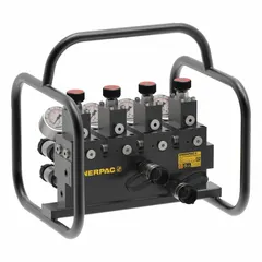Split flow hydraulic manifold valve assembly with 2 inlet ports and 8 outlet ports. Rated for maximum pressure of 10,000 psi. Used in hydraulic systems requiring distribution of fluid from two inlets to multiple outlets for synchronized multi-point actuation.