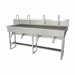 This four-station freestanding wash station accommodates multiple users simultaneously, suitable for high-traffic commercial or industrial settings. Constructed from 16-gauge material, it features a 77-inch bowl length, 8-inch bowl depth, and a flow rate of 0.5 gpm. Side splash is not included.