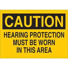 This polyester adhesive sign displays a caution message indicating that hearing protection must be worn in the area. It measures 3 1/2 inches by 5 inches and is designed for permanent mounting on dry, indoor surfaces. The sign is non-retroreflective and does not feature glow-in-the-dark or anti-slip properties.