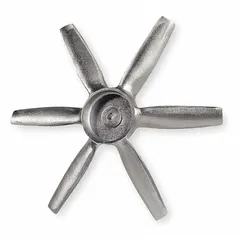 Aluminum fan blade with 6 blades, 27-inch diameter, and 25° pitch. Designed for clockwise-facing discharge in HVAC and refrigeration systems. Suitable for use in air-moving applications such as condenser fans and ventilation units.