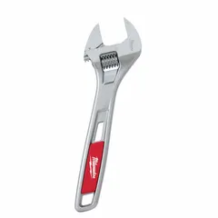 General-purpose adjustable wrench with alloy steel construction and chrome finish. Overall length 8 inches, jaw capacity 1 1/8 inches. Suitable for tightening or loosening nuts, bolts, and fittings in plumbing, mechanical, and maintenance tasks.