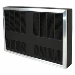 Fan-forced electric cabinet wall heater for surface-mount installation. Delivers 9,600 W at 208V AC, 3-phase, with 350 cfm airflow. Suitable for supplemental or primary heating in industrial and commercial spaces such as warehouses, workshops, and manufacturing facilities.