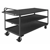 This heavy-duty utility cart features three 72 in L x 30 in W shelves with a gray finish and ergonomic design. It is equipped with two swivel casters with phenolic wheels. Suitable for transporting heavy loads in industrial facilities, warehouses, and manufacturing plants