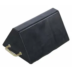 Black rubber wheel chock, 17 3/4 in long, 11 3/4 in wide, 8 in high. Single chock with extended handles for easy placement and removal. Used to prevent parked vehicles, trailers, or industrial equipment from rolling on concrete or asphalt.