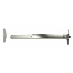 Aluminum rim-type exit device with touchbar style, designed for doors up to 3 ft wide. Includes night latch outside trim for key-locked exterior access while maintaining push-to-exit egress. ADA compliant. Suitable for use in commercial buildings requiring code-compliant panic hardware.