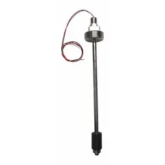 Rod-type float level sensor with 316 stainless steel body and stem, Buna N float, and 4 to 20mA output. Accuracy +/-0.25 in, operates on 12/30V DC, vertical NPT connection. cULus listed for chemical media. Used for continuous level monitoring in tanks and process vessels.