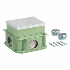 Rectangular cast-iron floor box with green finish, 33 cu in capacity, and cover included. Accepts (4) 1 in conduit sizes. Used for in-floor electrical wiring in commercial and industrial buildings, providing a junction point for power and data cables.