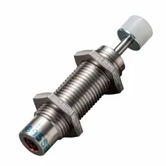 Steel-bodied shock absorber with a 4.9 N force rating. Used in industrial motion-control applications to dampen impact and reduce vibration in light-duty equipment such as packaging machinery, conveyors, and automated assembly systems.