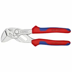 Flat-jaw tongue and groove pliers with push-button smooth adjustment. Overall length 6 in, 14 jaw positions, max jaw opening 1 in. Used for gripping and turning nuts, bolts, and pipes in plumbing and mechanical assembly.