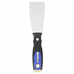 Putty knife with a full-tapered carbon steel blade for flexibility and control. Handle constructed from plastic, rubber, and steel for a comfortable grip. Used for applying and smoothing putty, filler, or adhesive on surfaces in construction, woodworking, and general maintenance tasks.