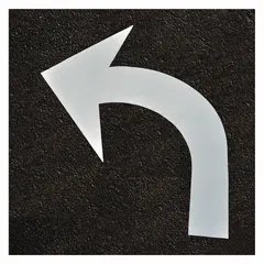 Pressure-sensitive adhesive pavement marking tape for traffic guidance. Each legend is white, 73 inches wide by 2 5/8 yards long. Supplied as a 4-pack of left curve arrow symbols. Suitable for parking lots, roadways, and industrial facilities.
