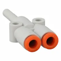 This SMC push-fit wye fitting is made of polybutylene terephthalate and has three 5/32 in OD ports. It is used to branch a single pneumatic line into two equal-diameter paths in tubing systems