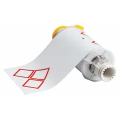 Red GHS/CLP 3A diamond precut label roll, 6 3/32 in x 8 19/64 in, white vinyl with acrylic adhesive. No pre-printed legend for custom text. Compatible with BBP85 printer series. Used for on-demand printing of chemical hazard labels for containers and piping.