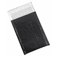 Black bubble mailers with a usable width of 7 1/2 in and usable length of 11 in, outside width of 7 1/2 in. Includes a tear strip for easy opening. Sold in a 72-pack. Suitable for shipping small, fragile items requiring cushioning.