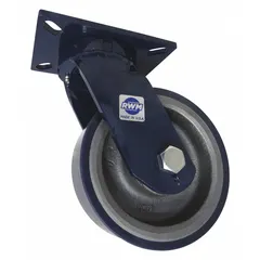 This heavy-duty general-purpose kingpinless plate caster features a swivel design with a blue polyurethane wheel. The wheel has an 8-inch diameter and 3-inch width, with a 10 1/2-inch mounting height and ball bearing construction. Suitable for material handling carts, industrial equipment, and other applications requiring maneuverable load support with floor protection.