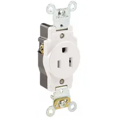 General-purpose single receptacle with NEMA 5-15 configuration. Rated 125V AC and 15A, 2-pole/3-wire with grounding. White finish. Suitable for powering standard electrical devices in residential, commercial, and industrial environments.