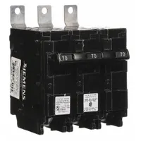 Three-pole miniature circuit breaker rated 70 A at 240V AC, designed for bolt-on mounting in Siemens P1 panelboards. Provides overcurrent protection in electrical distribution systems with a maximum interrupting rating of 22kA at 240V AC. Standard type breaker from the BL Series