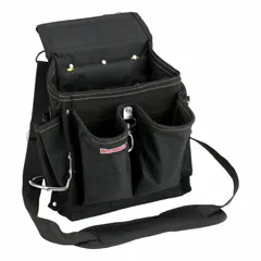 Black polyester tool pouch with 20 pockets, open-top closure, and belt-slot attachment for belts up to 2 3/4 inches wide. Designed to carry flashlights and other small tools for maintenance, construction, and field-service tasks requiring quick access.