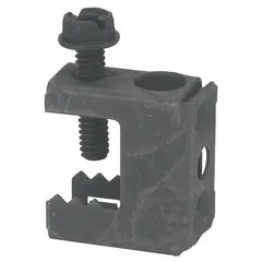 Steel beam clamp with zinc-plated finish, designed for securing threaded rod and electrical boxes to steel beams, wire rods, or purlins. Compatible with 1/2 in pipe and beam flanges up to 1/2 in thick. Thread size #10-24, overall dimensions 1 in x 1 in x 1 in, load capacity 100 lb. UL/CUL listed.