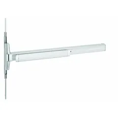 Chrome-finished concealed vertical rod exit device with touchbar style. ADA compliant. Suitable for doors up to 3 ft wide. Used in commercial buildings requiring code-compliant egress.