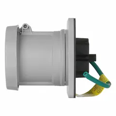 This LEVITON pin and sleeve receptacle is rated for 125/250V AC, single phase, 100 A, with 3 poles and 4 wires. Designed for marine environments, it provides power connections in docks, shipyards, and other wet or corrosive locations for heavy-duty equipment and shore-power applications.